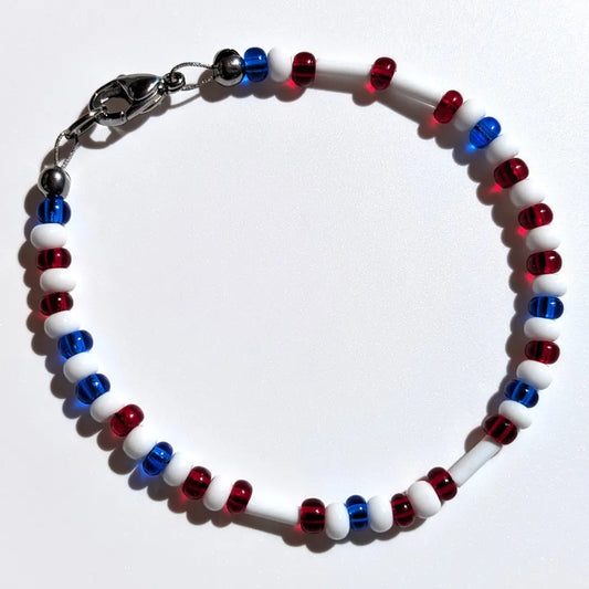 Cheer on the Philadelphia Phillies with this Morse code bracelet, handcrafted with 100% stainless steel coupled with red and blue Czech glass beads.