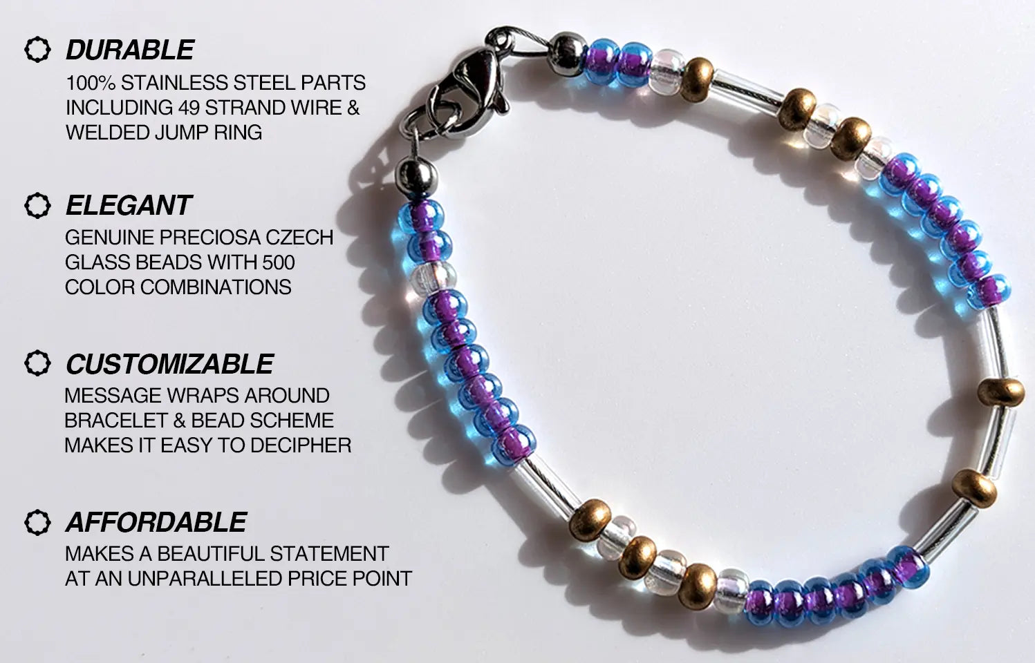 On the right is our beautiful Smoothie Glitter Morse code bracelet, on the left are its key features including Durable, Elegant, Customizable, and Affordable.