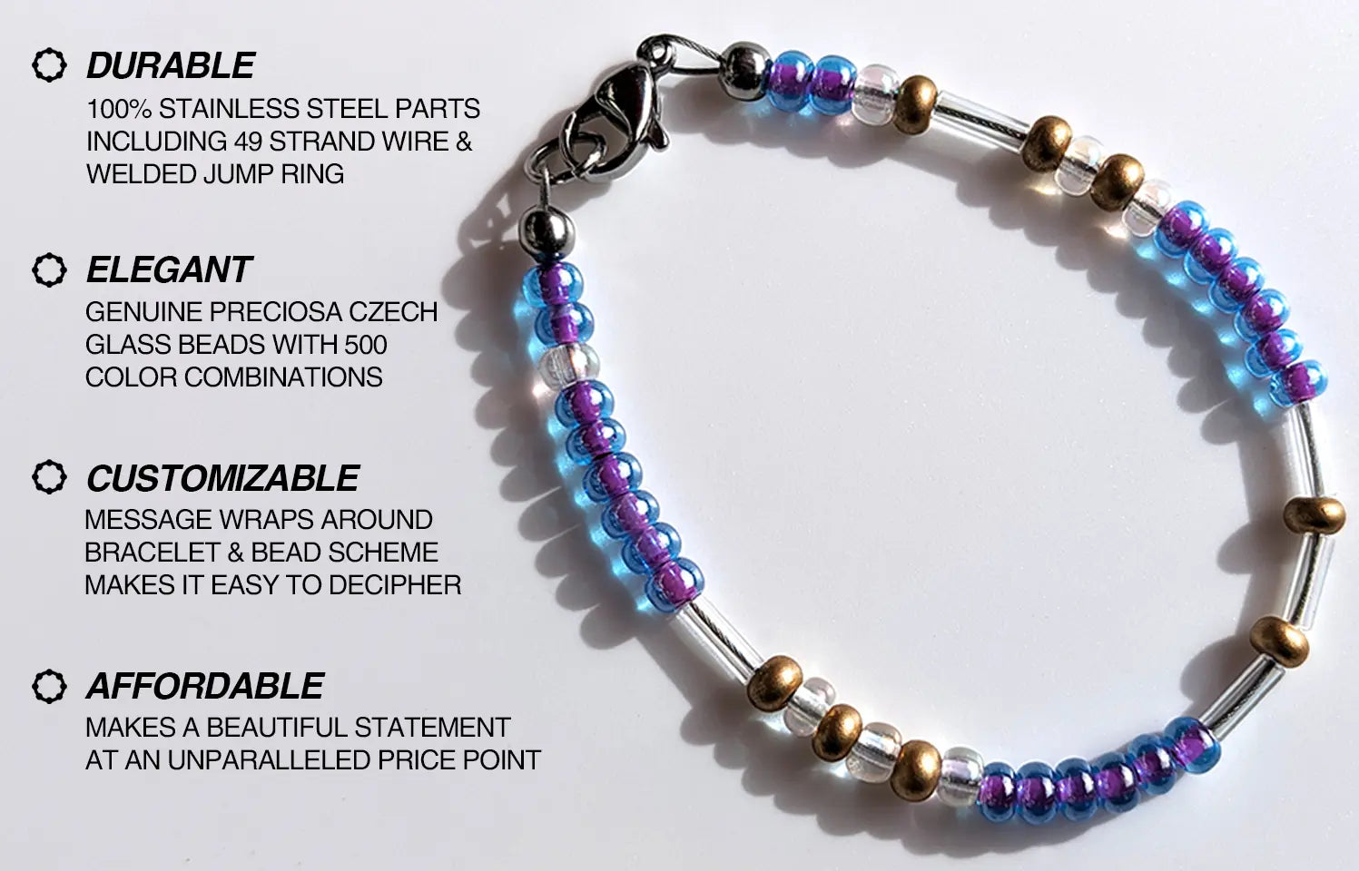 Custom Morse code bracelet made with stainless steel and Czech glass beads